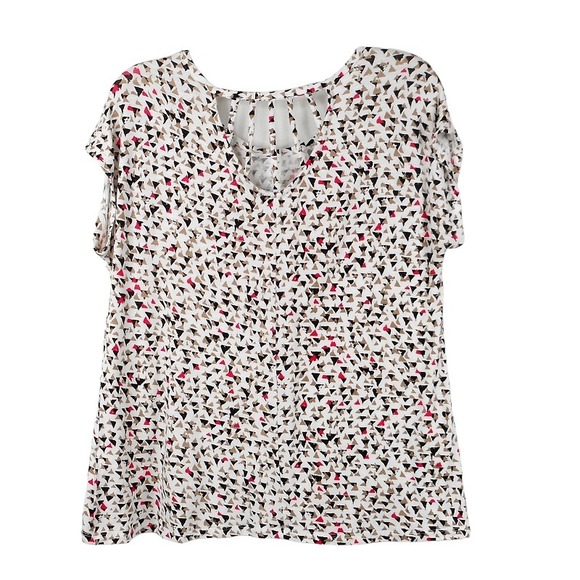 APT 9 Top Womens Petite PS Ivory Multi Short Sleeve Geometric Print Cutout Back - Picture 2 of 10